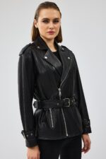 Zendaya Xhaketë Lëkure e Zezë me Detaje Biker për Femra - Image 4