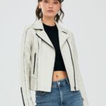 Kiara Xhaketë Lëkure Bezhë Slim Fit Biker për Femra