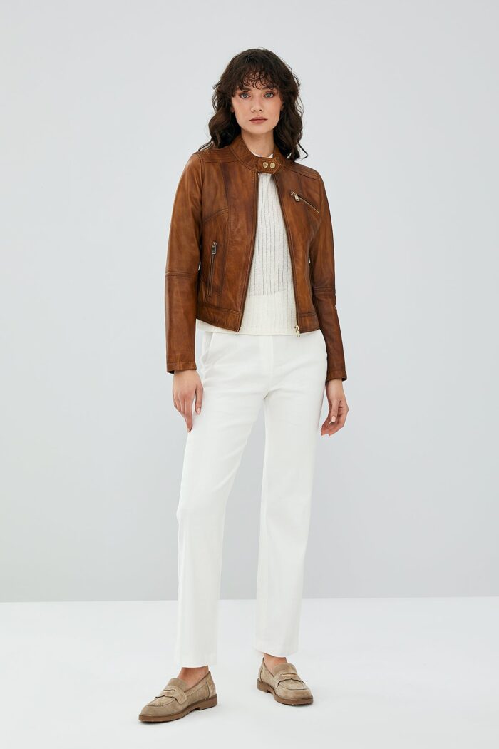 Kylie Xhaketë Lëkure Camel e Shkurtër për Femra - Image 3