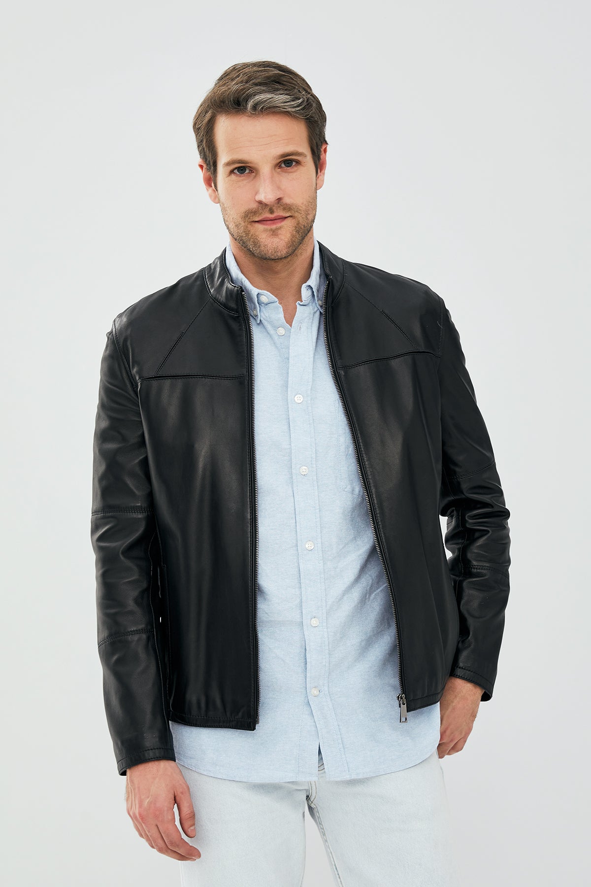 21SGD6402U4_5637145339_1.jpg Neymar Xhaketë Lëkure e Zezë Slim Fit e Shkurtër për Burra - Image 1