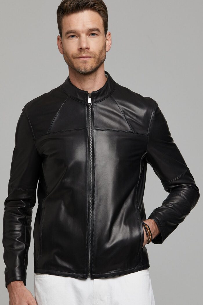 Neymar Xhaketë Lëkure e Zezë Slim Fit e Shkurtër për Burra - Image 5