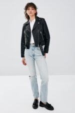 Newage Xhaketë Lëkure e Zezë Slim Fit Biker për Femra - Image 11
