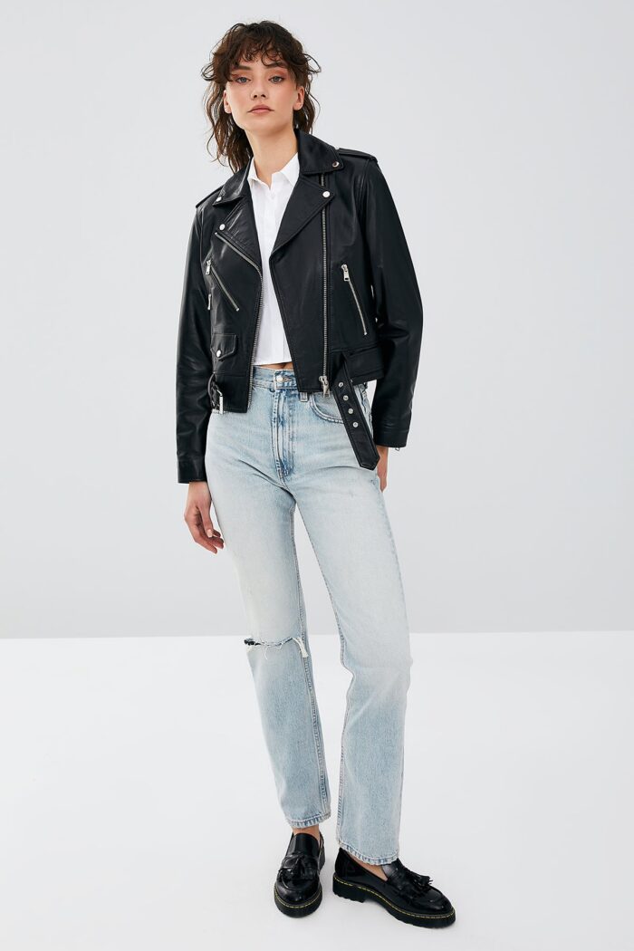 Newage Xhaketë Lëkure e Zezë Slim Fit Biker për Femra - Image 11