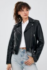 Newage Xhaketë Lëkure e Zezë Slim Fit Biker për Femra - Image 2