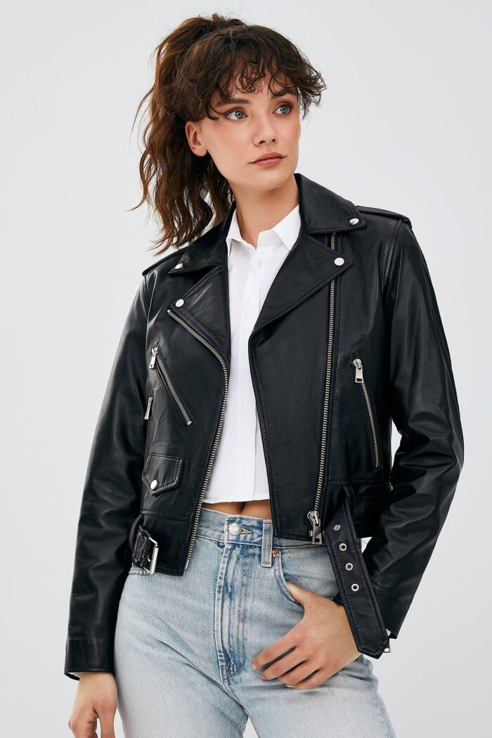 Newage Xhaketë Lëkure e Zezë Slim Fit Biker për Femra - Image 2
