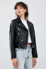 Newage Xhaketë Lëkure e Zezë Slim Fit Biker për Femra - Image 3