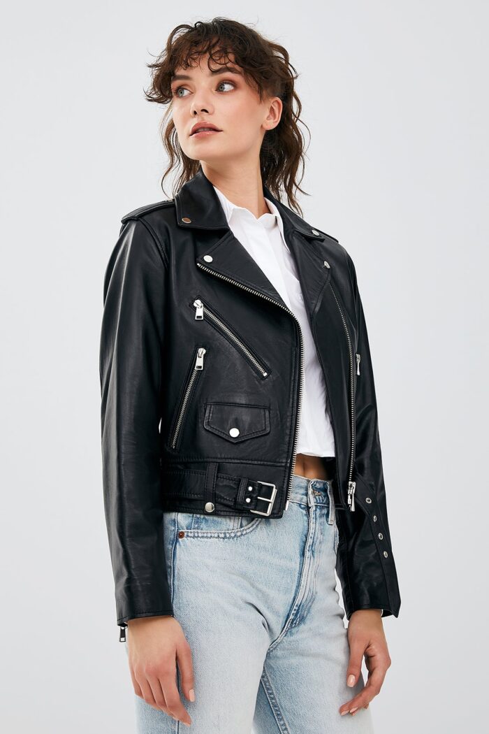 Newage Xhaketë Lëkure e Zezë Slim Fit Biker për Femra - Image 3
