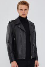 Carter Xhup Lëkure e Zezë Biker për Burra - Image 3