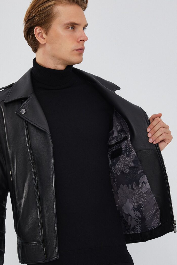 Carter Xhup Lëkure e Zezë Biker për Burra - Image 6