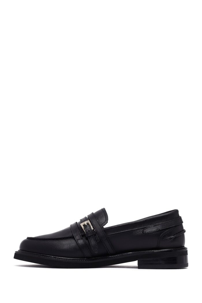 Loafer Lëkure e Zezë me Kopsë Maskulin për Femra - Image 5