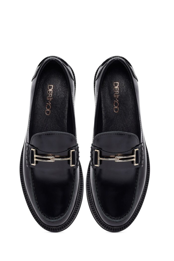 Loafer Lëkure e Zezë me Kopsë Maskulin për Femra - Image 7