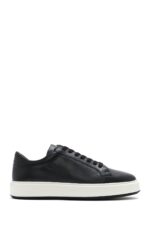 Sneaker Lëkure e Zezë e Trashë me Tabane me Lidhëse për Burra