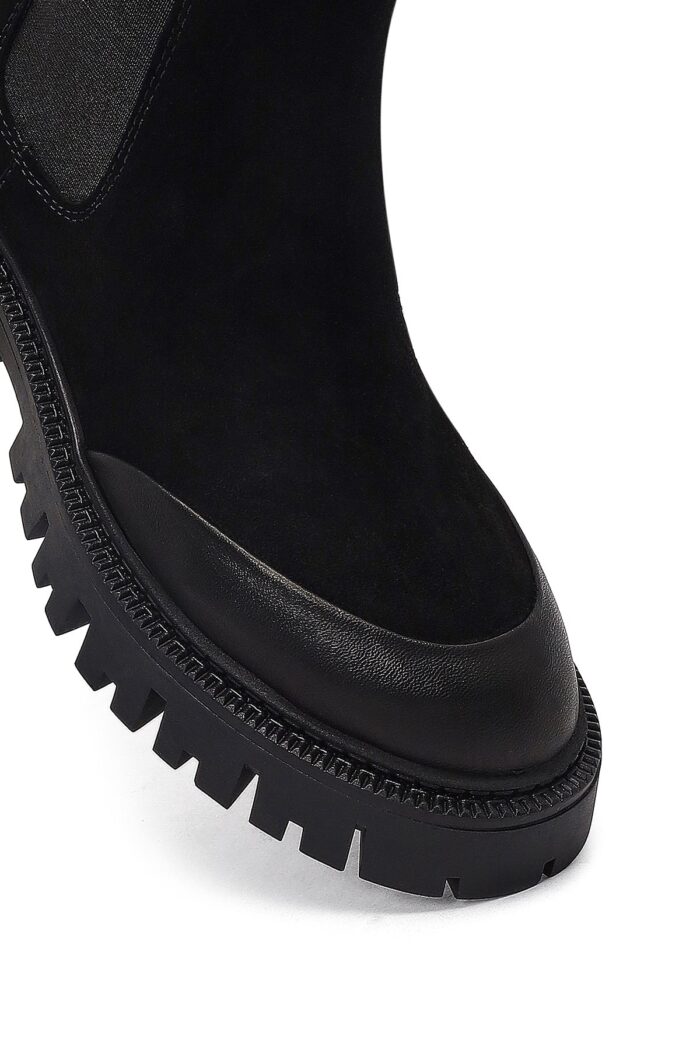 Çizme Chelsea prej lëkure suede për femra, e zezë, me shollë të trashë - Image 21