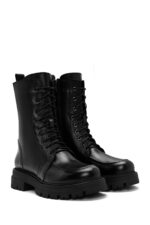 Çizme ushtarake prej lëkure për femra, e zezë, me lidhëse dhe detaj zinxhiri - Image 4