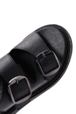 Sandale Lëkure e Zezë Dyfishe me Kopsë Comfort për Femra - Image 7