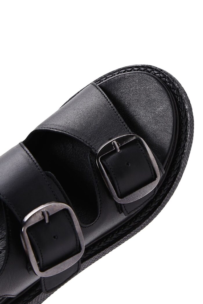 Sandale Lëkure e Zezë Dyfishe me Kopsë Comfort për Femra - Image 7
