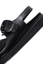 Sandale Lëkure e Zezë Dyfishe me Kopsë Comfort për Femra - Image 8