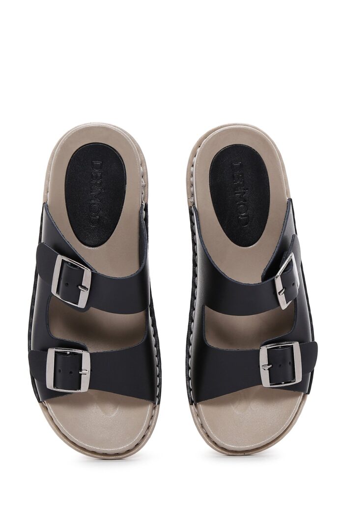 Pantofla Lëkure e Zezë Dyfishe me Kopsë Comfort për Femra - Image 6