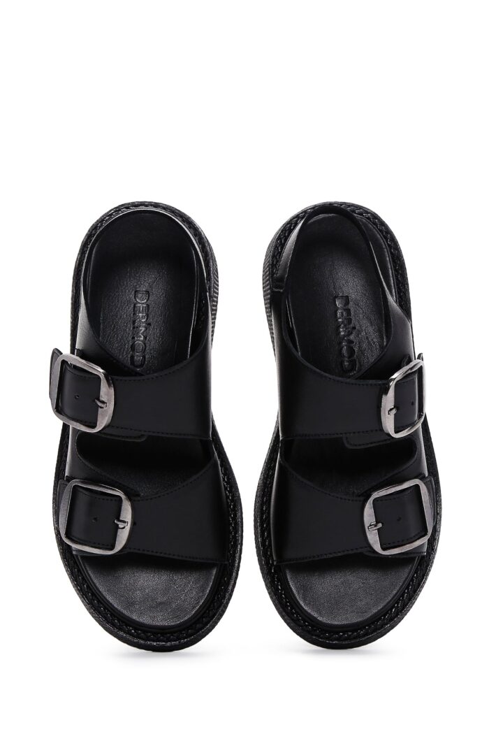 Sandale Lëkure e Zezë Dyfishe me Kopsë Comfort për Femra - Image 6