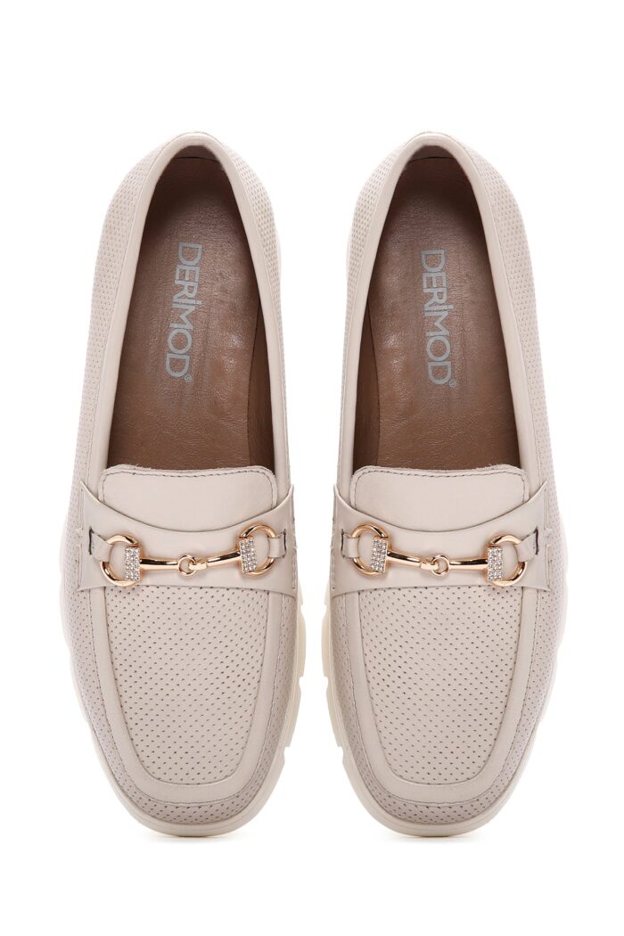 Loafer Lëkure Krem me Kopsë Comfort për Femra - Image 7